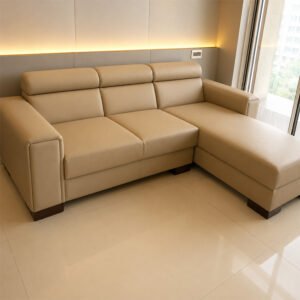 Aero Minimalist Beige Leatherette L-Shape Sectional Sofa with Adjustable Headrests