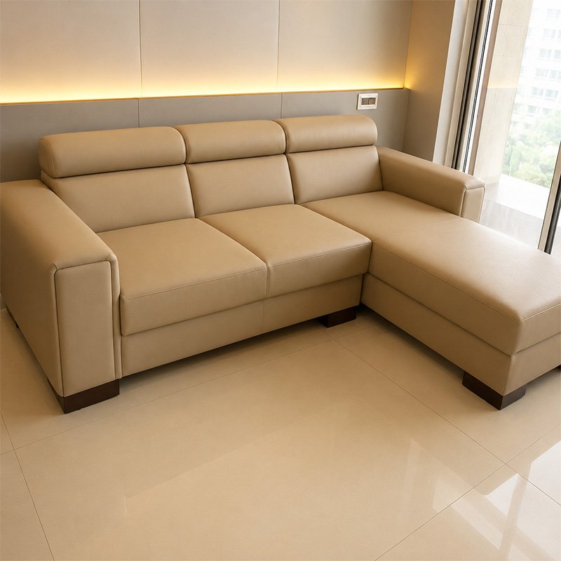 Aero Minimalist Beige Leatherette L-Shape Sectional Sofa with Adjustable Headrests