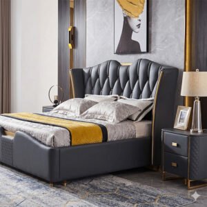 Aethelgard Premium Charcoal Grey Leatherette Tufted King Size Bed with Gold Metal Accent Trim