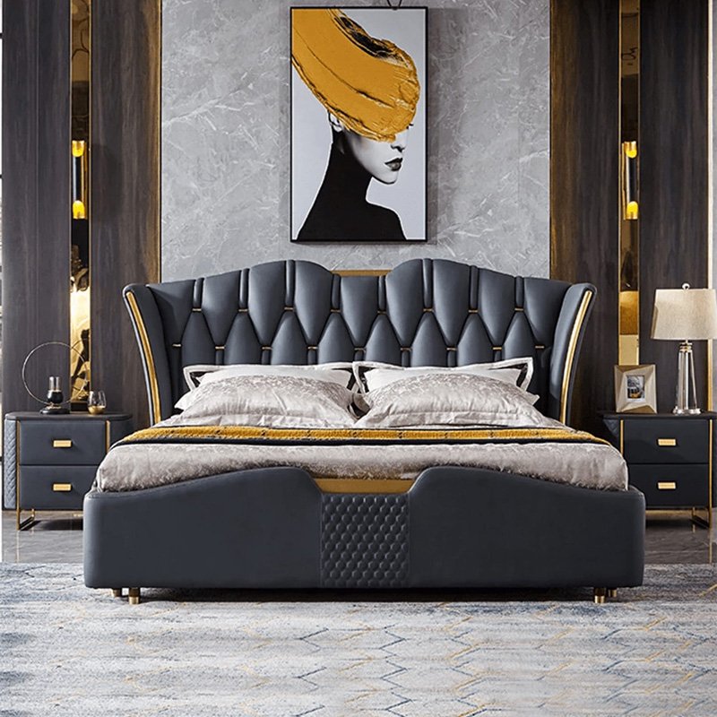 Aethelgard Premium Charcoal Grey Leatherette Tufted King Size Bed with Gold Metal Accent Trim
