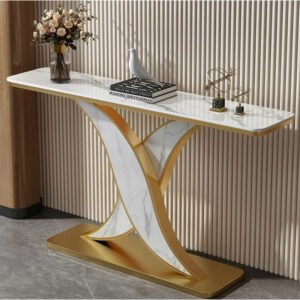 Aria Luxury White Marble Console Table with Gold X-Curved Pedestal Base in modern hallway
