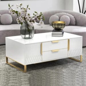 Aro Modern White Rectangular Coffee Table with Gold Metallic Base and Storage Drawers