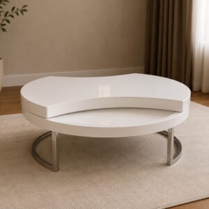 Aura Modern White Swivel Coffee Table with Rotatable Dual Tier and Chrome Base