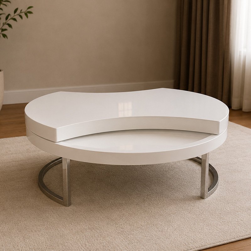 Aura Modern White Swivel Coffee Table with Rotatable Dual Tier and Chrome Base