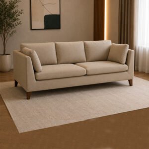 Aura Premium Beige Fabric Minimalist 3 Seater Sofa with Tapered Wooden Legs in Contemporary Living Room