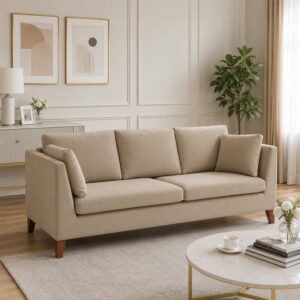 Aura Premium Beige Fabric Minimalist 3 Seater Sofa with Tapered Wooden Legs in Contemporary Living Room