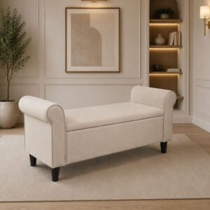 Aura Premium Cream Fabric Chesterfield Bed-End Storage Bench with Rolled Armrests