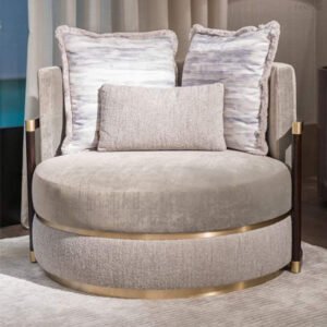 Aura Premium Round Velvet Swivel Accent Lounge Chair with Brushed Gold Base and Accent Pillows