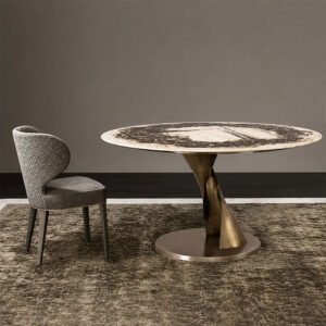 Aurelia Modern Round Luxury Marble Dining Table with Twisted Brass Base and Matching Accent Chair