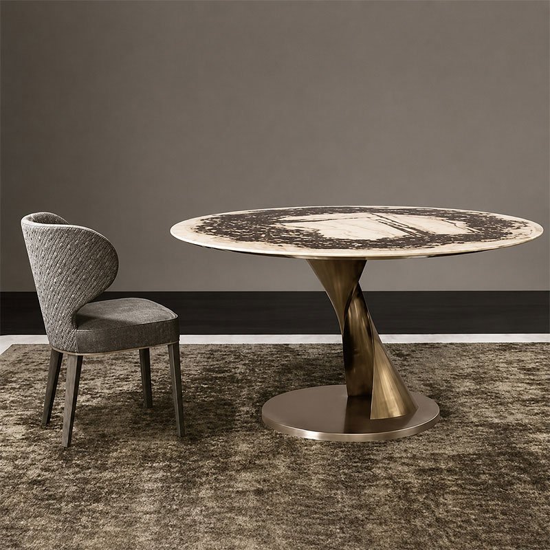 Aurelia Modern Round Luxury Marble Dining Table with Twisted Brass Base and Matching Accent Chair