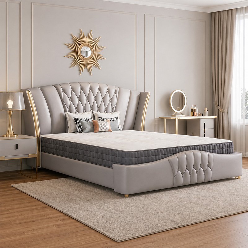 Aurelia Premium Pearl Grey Leatherette Tufted King Size Bed with Gold Metal Accent Trim