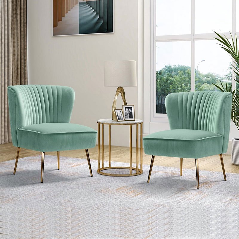 Elegant Mint Green Velvet Accent Chair with Channel Tufted Back and Gold Legs