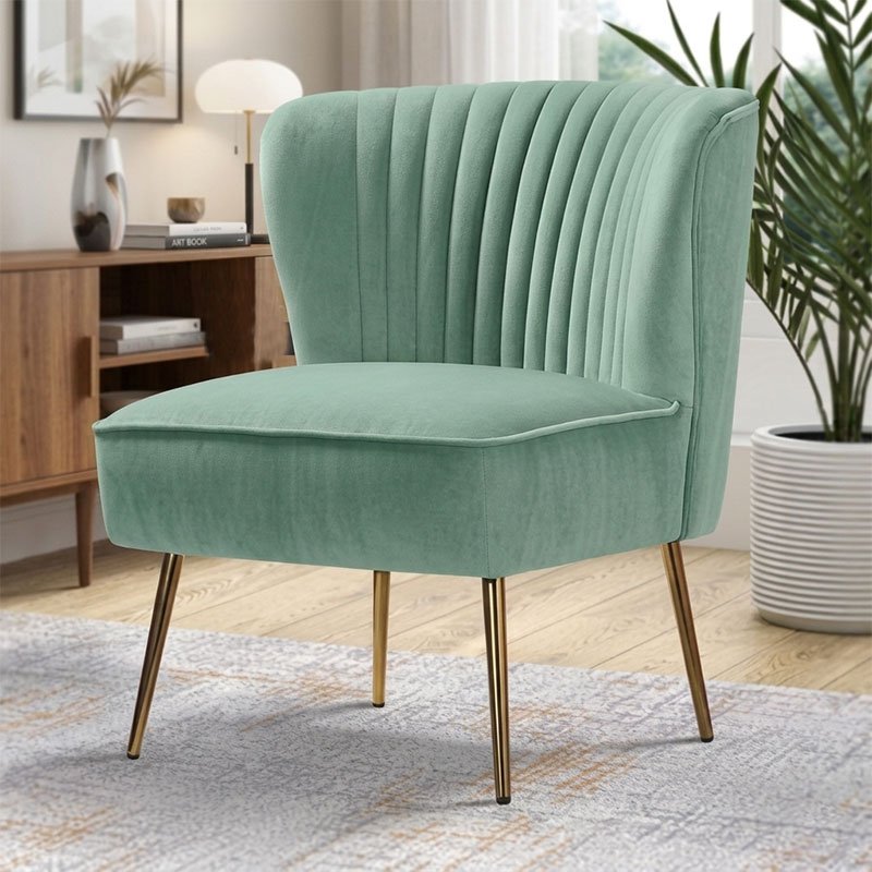 Elegant Mint Green Velvet Accent Chair with Channel Tufted Back and Gold Legs