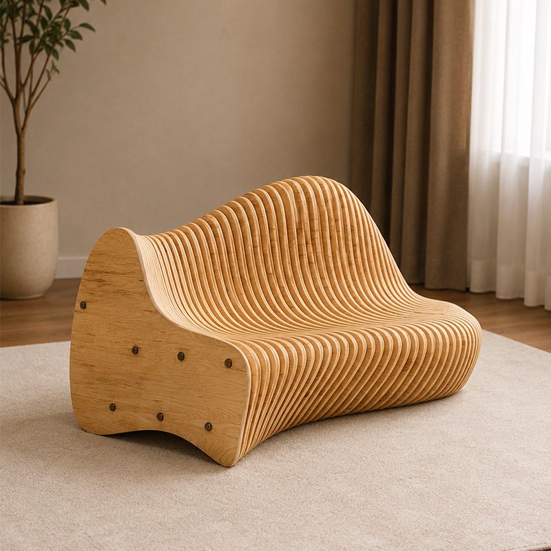 Elysian Modern Parametric Curved Wooden Lounge Sofa in Natural Oak Finish