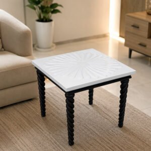 Flora Hand-Carved White and Black Wooden Side Table with Spiral Legs and Sunburst Top