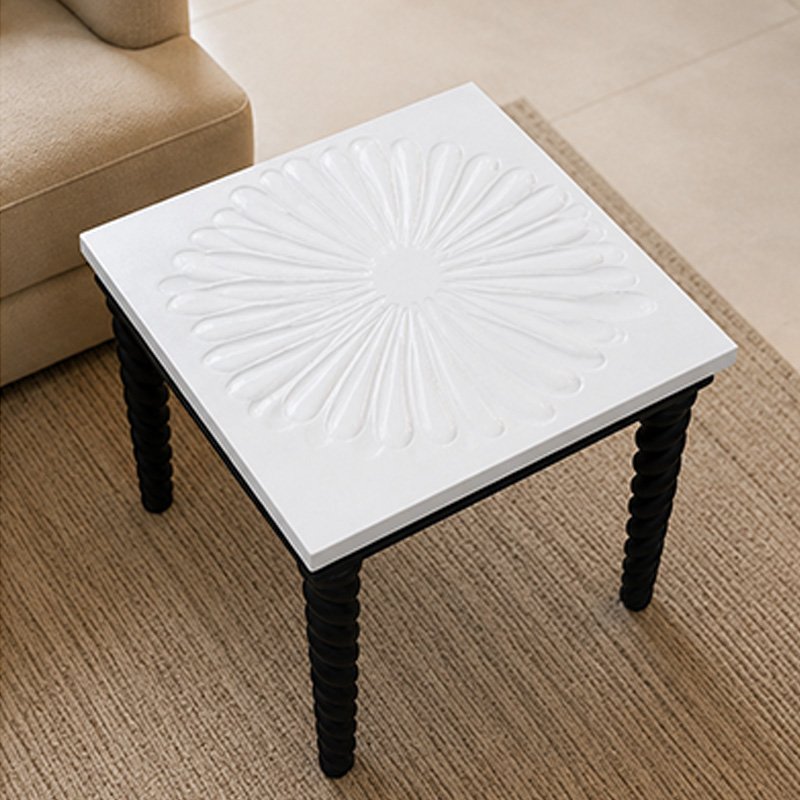 Flora Hand-Carved White and Black Wooden Side Table with Spiral Legs and Sunburst Top
