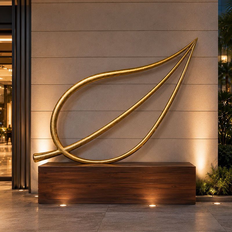 Grand Aurelia Floor Standing Golden Leaf Sculpture resting on floor in luxury living room