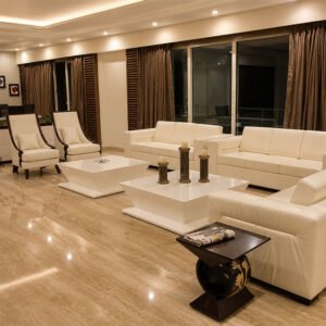 Grand Majestic White Leather 7 Seater Luxury Sofa Set with High Gloss Center Tables in Villa
