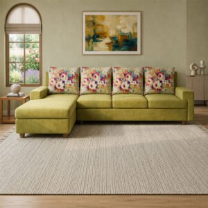 Gulmohar Luxury Lime Green Fabric L-Shape Sectional Sofa with Floral Back Cushions