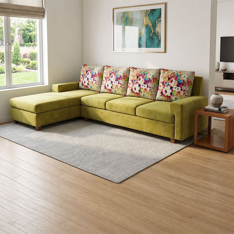 Gulmohar Luxury Lime Green Fabric L-Shape Sectional Sofa - Image 3