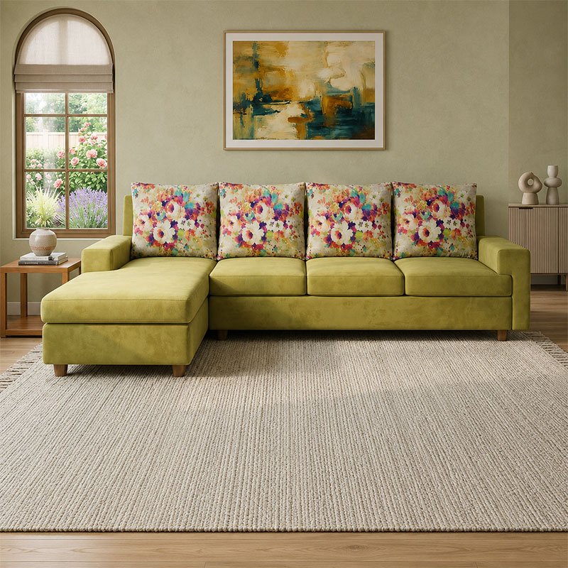 Gulmohar Luxury Lime Green Fabric L-Shape Sectional Sofa with Floral Back Cushions