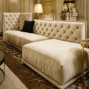 Imperia Royal Velvet Tufted L-Shape Luxury Sectional Sofa in Champagne Cream Color