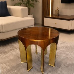 Luxury Round Wooden Side Table with Walnut Polish and Gold Leaf Lined Arch Legs
