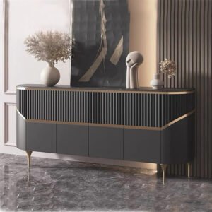 Luxury Charcoal Gray Sideboard Cabinet Featuring Vertical Fluting, Angled Gold Metal Trim, and Tapered Gold Stiletto Legs