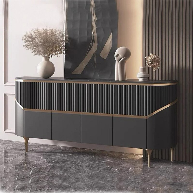 Luxury Charcoal Gray Sideboard Cabinet Featuring Vertical Fluting, Angled Gold Metal Trim, and Tapered Gold Stiletto Legs