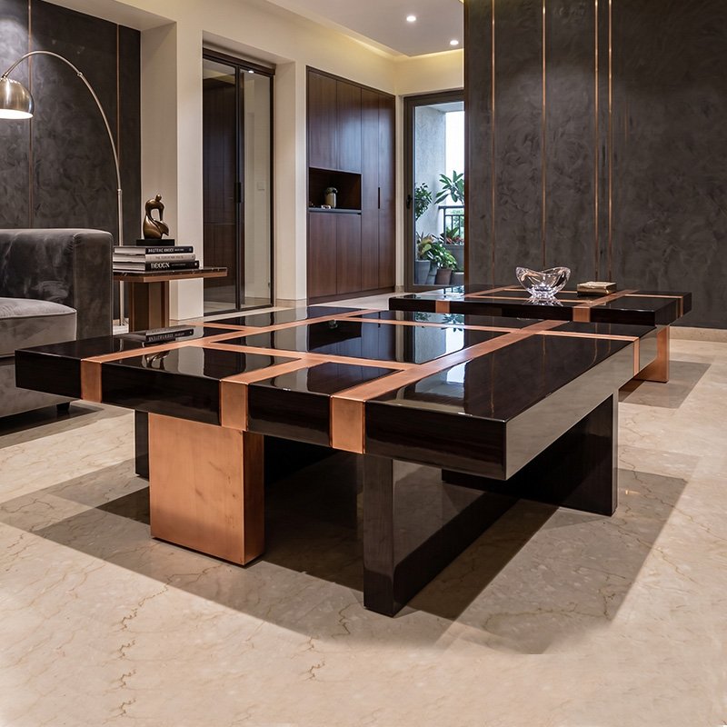 Luxury Low Profile Square Coffee Table in High Gloss Piano Black with Rose Gold Metallic Geometric Grid Inlay Work