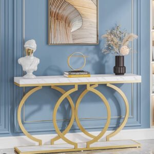 Luxury White Rectangular Console Table with Interlocking Metallic Gold Circle Base Frame and Matching Bottom Shelf