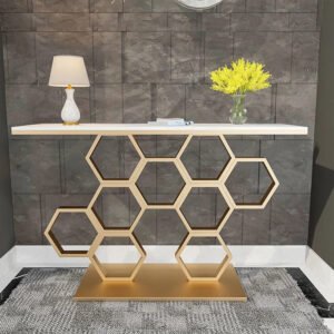 Luxury White Rectangular Console Table with Brushed Gold Metal Honeycomb Geometric Hexagon Base