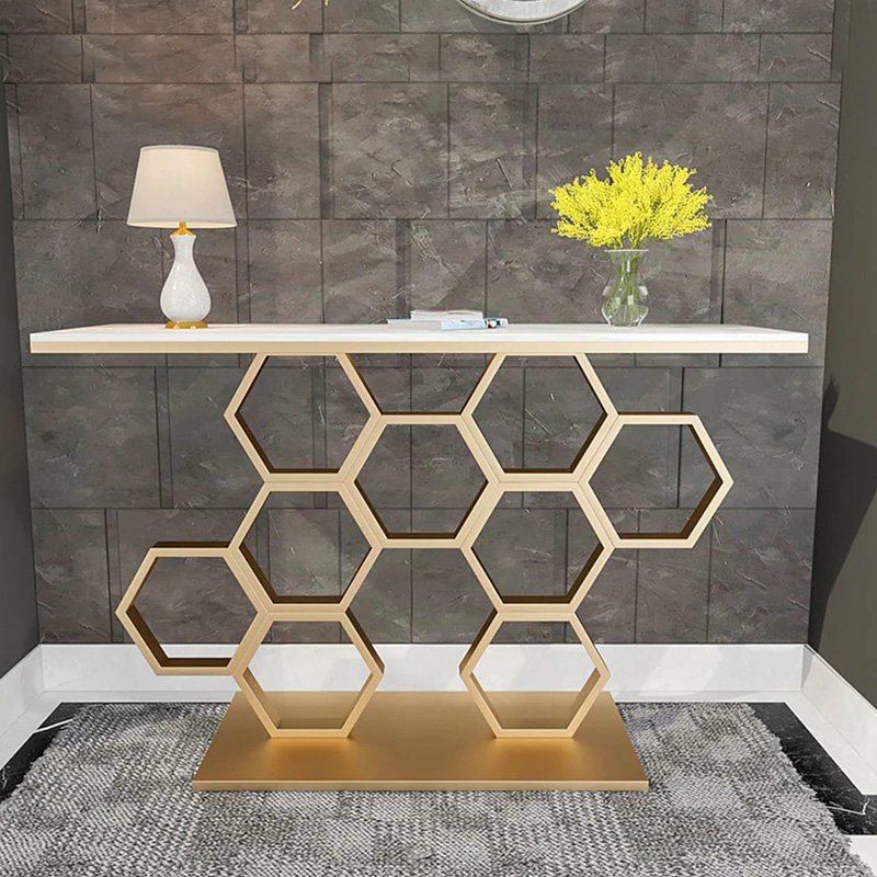 Luxury White Rectangular Console Table with Brushed Gold Metal Honeycomb Geometric Hexagon Base