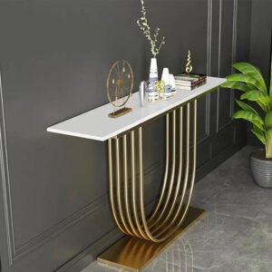 Luxury Slim White Rectangular Console Table with U-Shaped Brushed Gold Metal Rod Base on Floor Plate