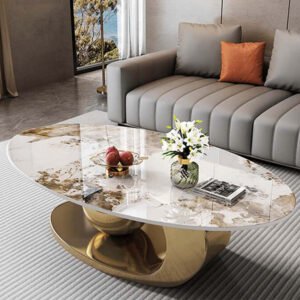 Luxury Oval White Sintered Stone Coffee Table with Brushed Gold Geometric Sphere Base