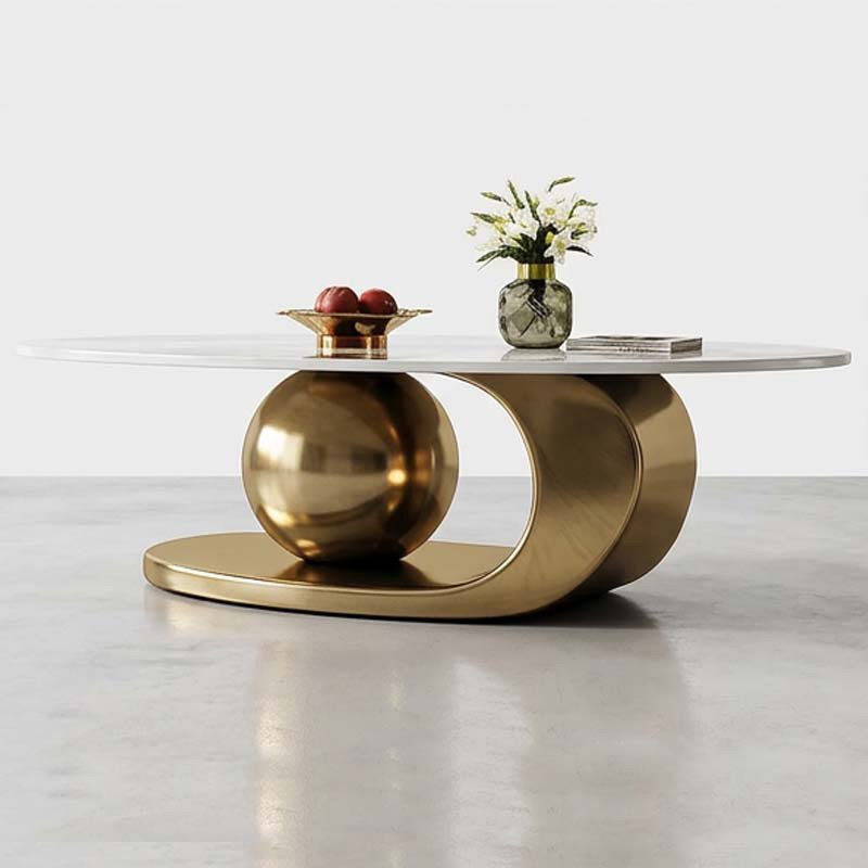 Aura Luxury Oval Sintered Stone Coffee Table with Golden Geometric Base - Image 2
