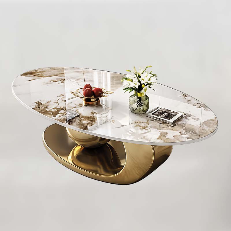 Luxury Oval White Sintered Stone Coffee Table with Brushed Gold Geometric Sphere Base