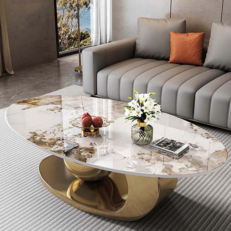 Luxury Oval White Sintered Stone Coffee Table with Brushed Gold Geometric Sphere Base
