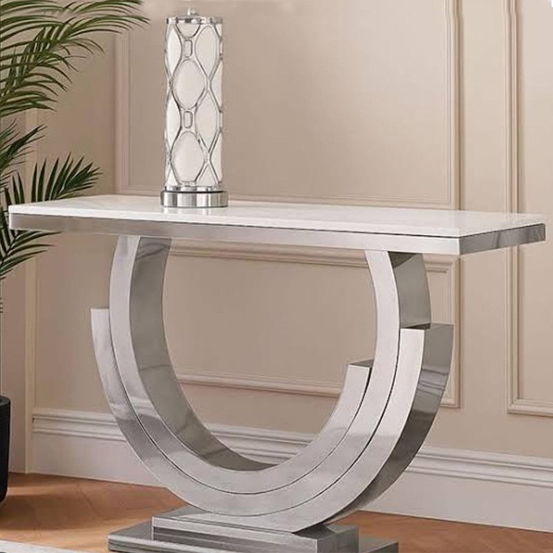 Luxury White Marble Rectangular Console Table with Layered Crescent Silver Chrome Mirror Finish Pedestal Base
