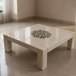 Luxury Square Cream Marble Coffee Table with Handcrafted Black Stone Floral Mandala Inlay and Carved Fluted Legs