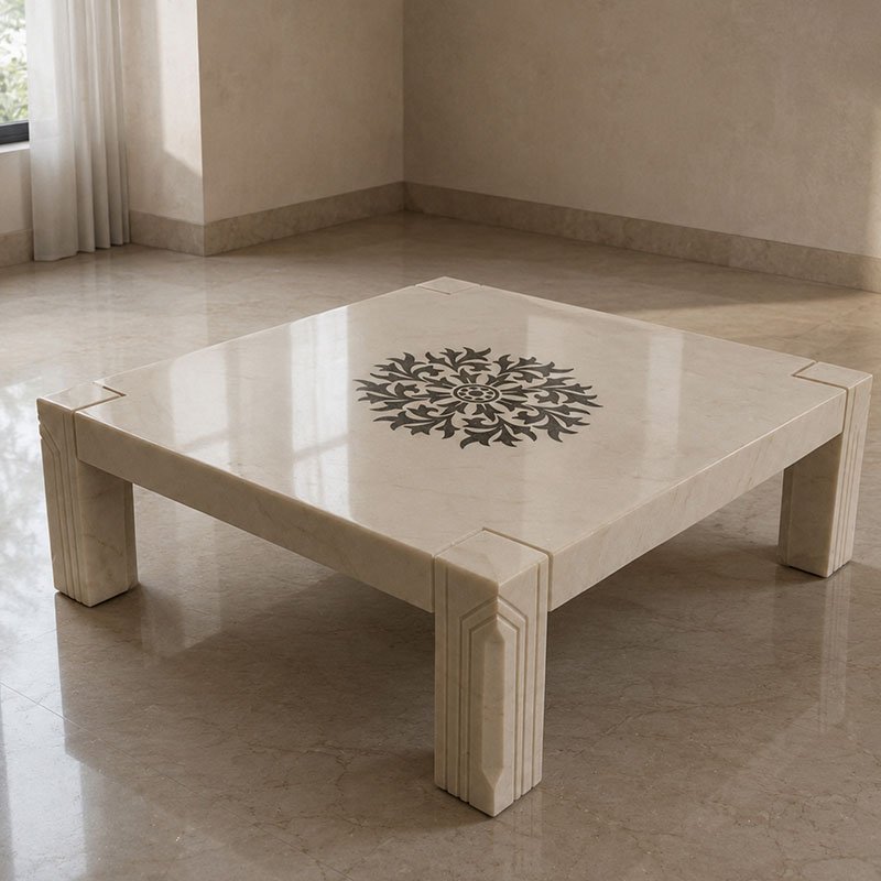 Luxury Square Cream Marble Coffee Table with Handcrafted Black Stone Floral Mandala Inlay and Carved Fluted Legs