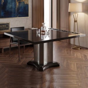 Luxury Square Dark Walnut Wooden Dining Table with Brushed Steel Pedestal Base and Laser-Cut Geometric Metal Edge Panel