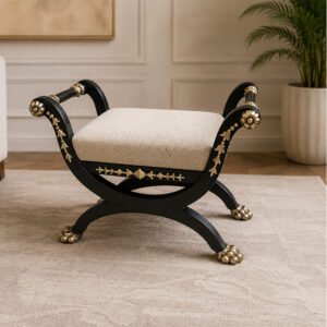 Maharaja Royal Antique Carved Wooden Bench Ottoman with Gold Accents and Paw Feet