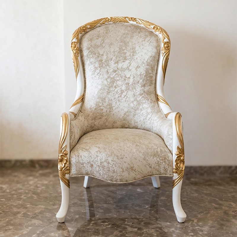 Maharaja Royal Baroque Carved White and Gold Accent Chair with Champagne Fabric