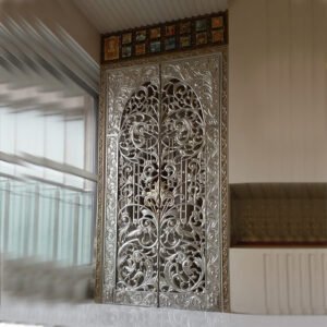 Maharaja Royal Hand-Carved Silver Pooja Room Double Door with Traditional Jaali Work and Spiritual Art Tiles