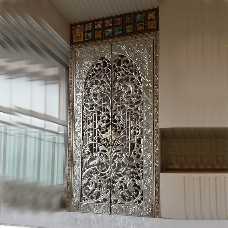 Maharaja Royal Hand-Carved Silver Pooja Room Double Door with Traditional Jaali Work and Spiritual Art Tiles