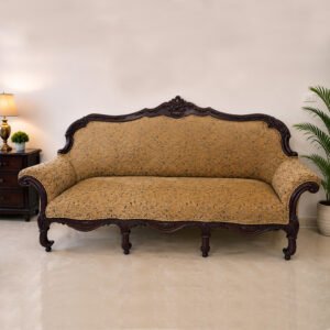 Maharaja Royal Hand-Carved Wooden 3 Seater Sofa with Beige Floral Brocade Upholstery