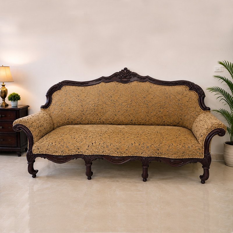 Maharaja Royal Hand-Carved Wooden 3 Seater Sofa with Beige Floral Brocade Upholstery