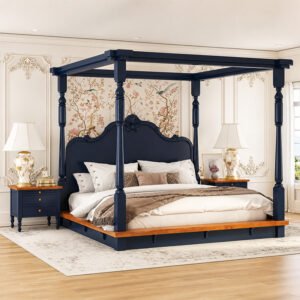 Maharaja Royal Indigo Blue Four Poster Canopy King Size Bed with Carved Headboard and Honey Oak Trim