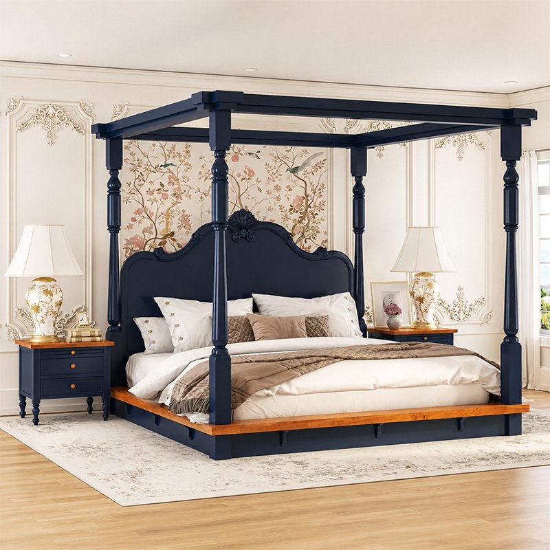 Maharaja Royal Indigo Blue Four Poster Canopy King Size Bed with Carved Headboard and Honey Oak Trim